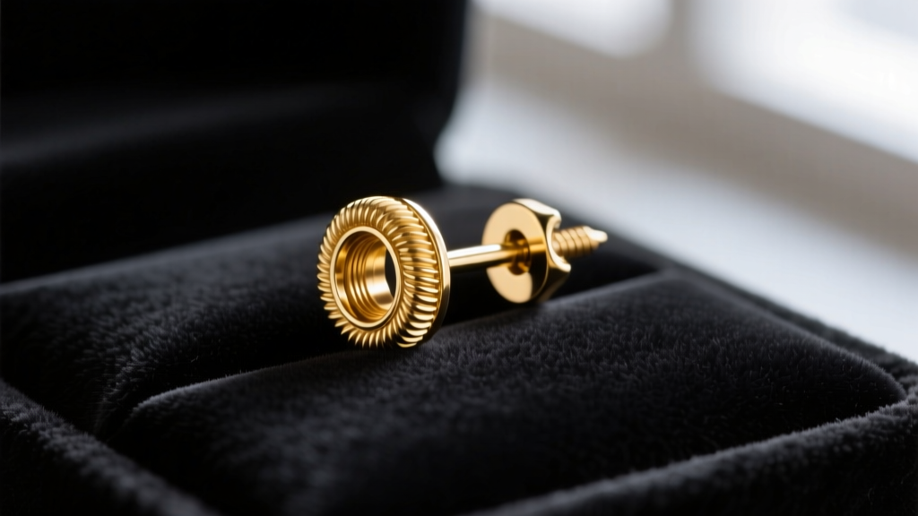 Macro shot of 14k gold earring post with internal threading and a screw on back resting on a dark velvet jewelry display pad