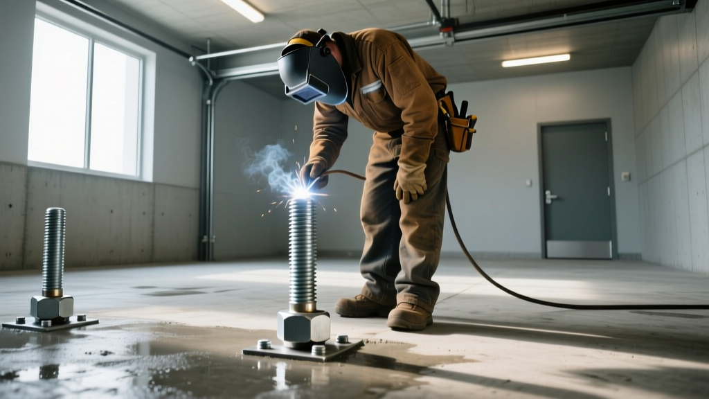 Welder inspecting heavy-duty steel anchoring bolts of a prefabricated residential storm shelter installed flush in a concrete garage floor