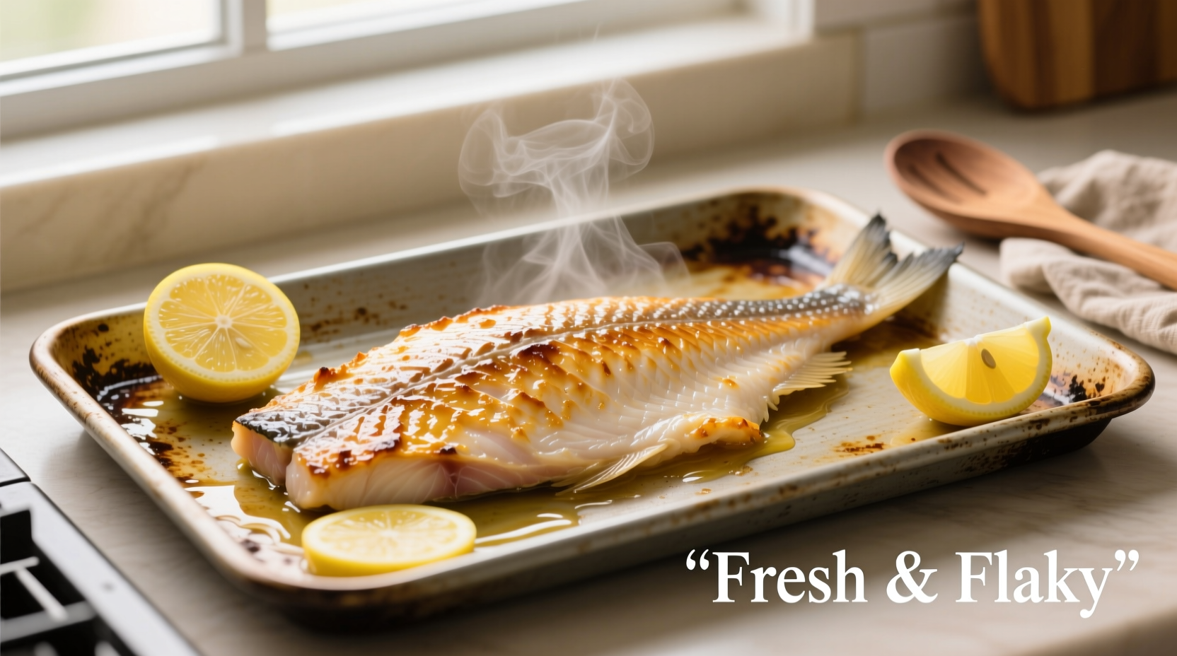 Perfectly cooked halibut fillet on baking sheet with lemon