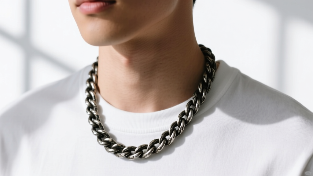 Man wearing a 5mm oxidized silver rope chain, showcasing darkened grooves and vintage texture against a crisp white t-shirt.