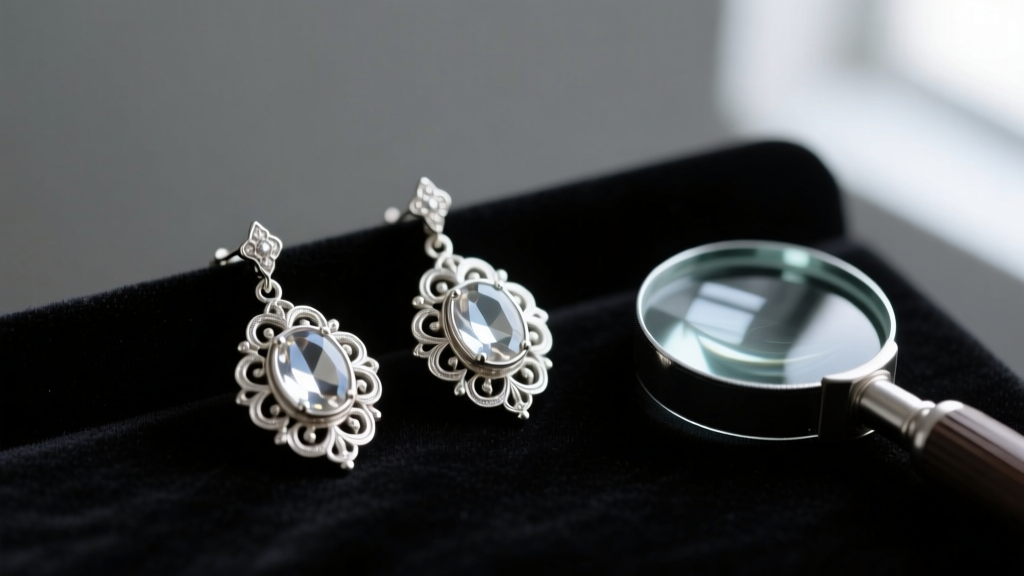 Vintage sterling silver pools of light earrings on dark velvet next to a jeweler