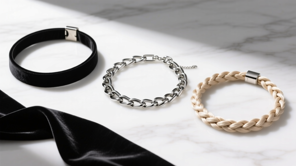 Flat lay of three different choker necklaces on white marble: a black velvet ribbon, a 316L stainless steel chain, and a braided silk cord.