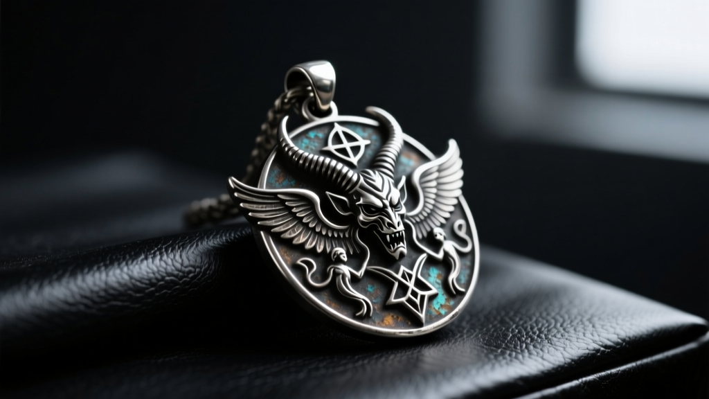 Oxidized silver Baphomet pendant on black leather, moody lighting highlighting intricate demonic relief details.