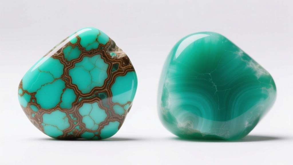 Side-by-side macro comparison showing natural green turquoise with intricate brown matrix next to dyed howlite with uniform color.