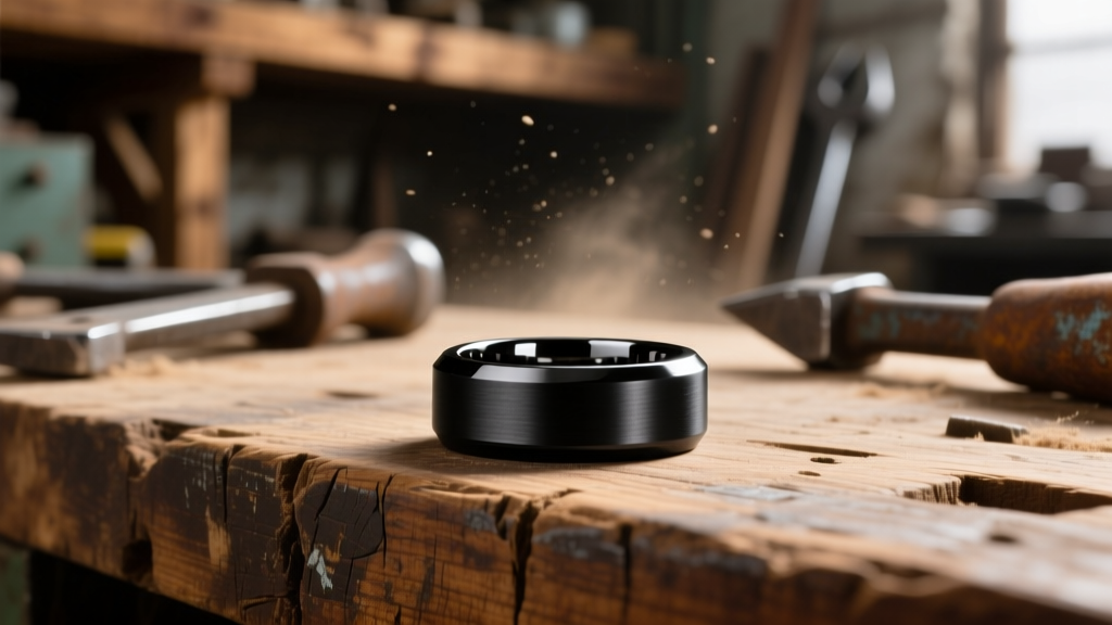 Matte black zirconium EDCO ring resting on a weathered wooden workbench, illuminated by warm directional workshop lighting