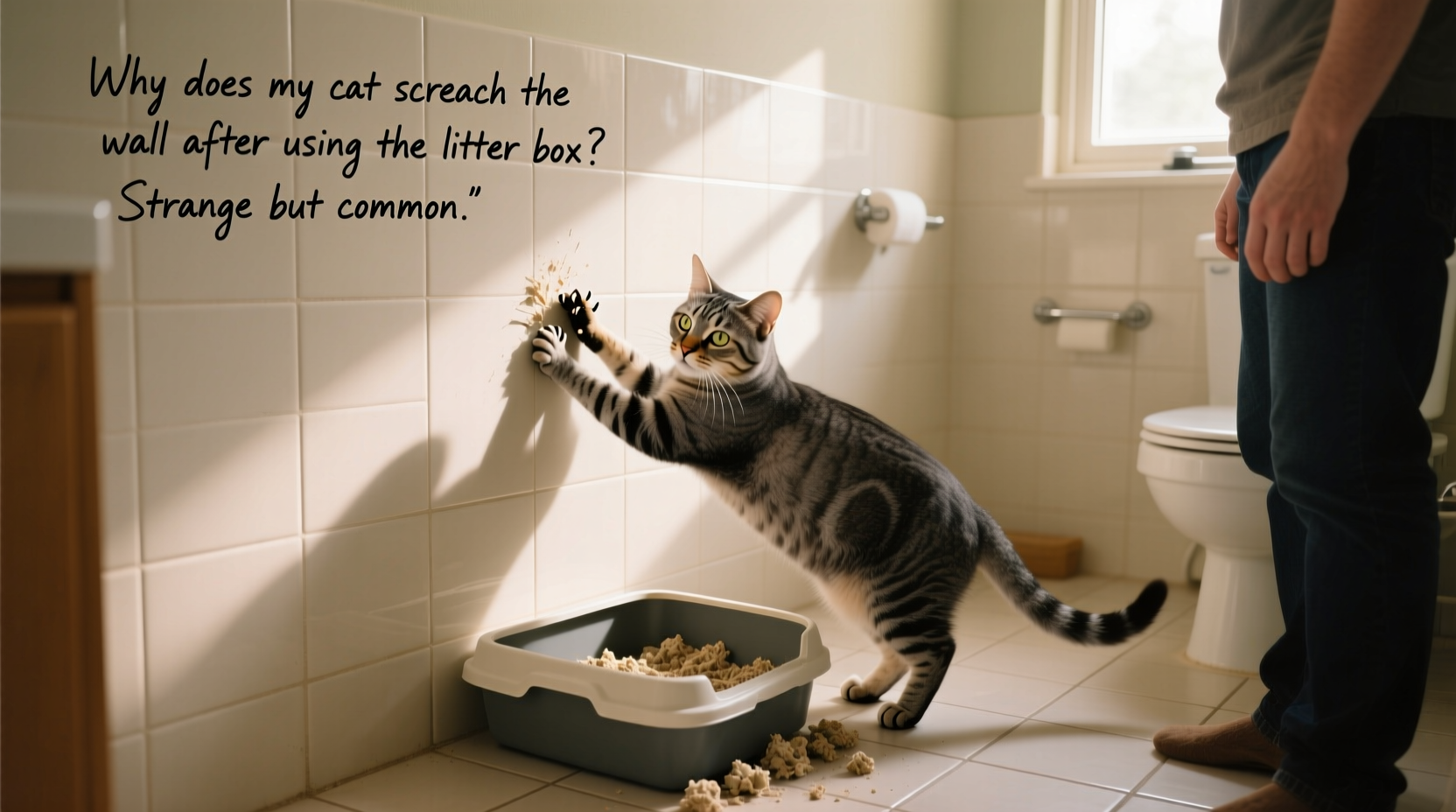 why is my cat scratching the wall after using the litter box strange but common