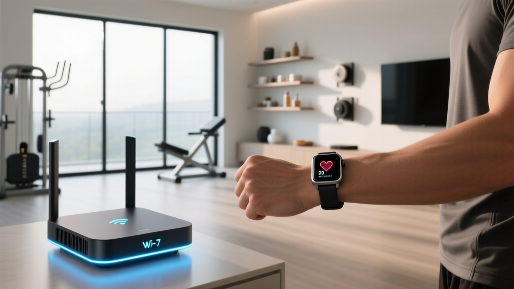 Modern smart home gym featuring a glowing Wi-Fi 7 router in the foreground and a Garmin fitness tracker on a wrist