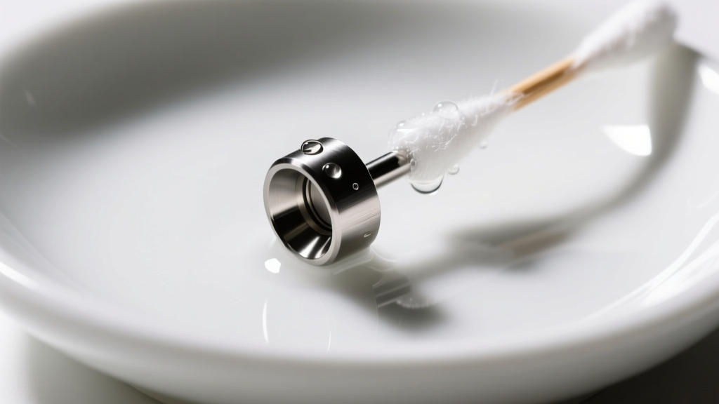 Macro shot of a 16-gauge titanium flat-back labret gently cleaned with a cotton swab and soapy water in a white ceramic dish.