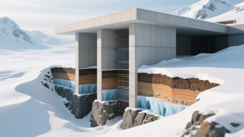 Architectural cross-section diagram of deep concrete piers anchored into bedrock below the frost line in a snowy landscape