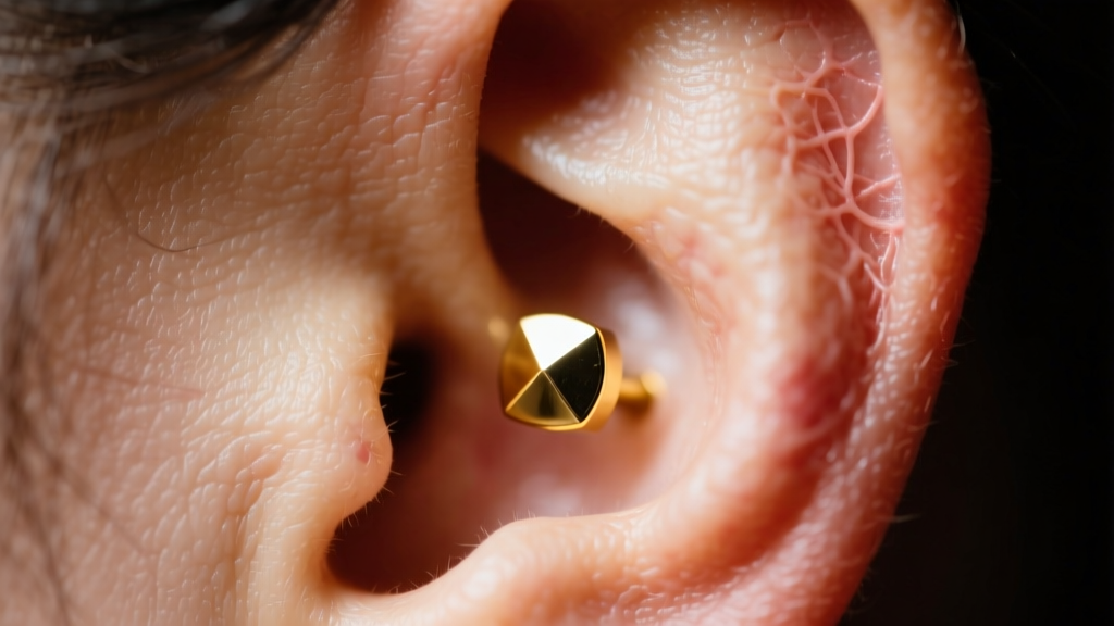Close-up macro photography of a swollen earlobe with a small gold stud earring partially embedded in the skin, clinical lighting.