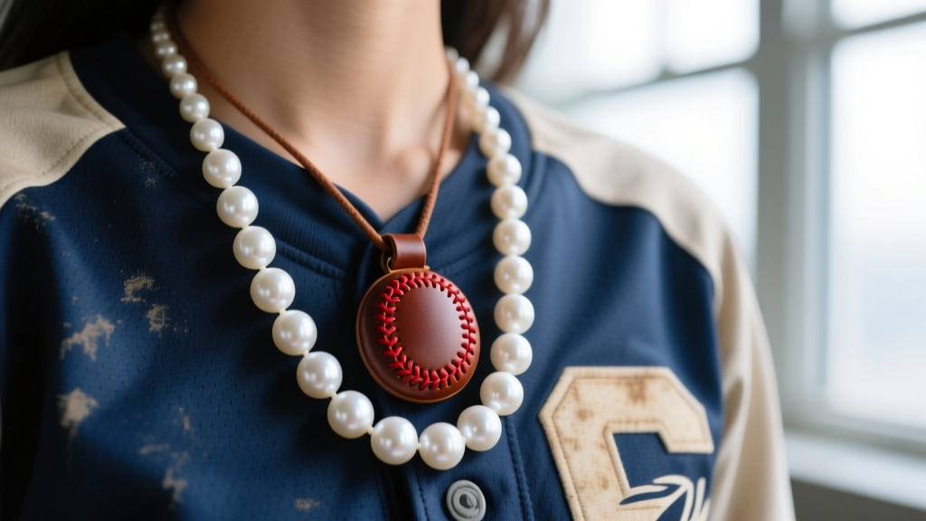 Close-up of 8mm white freshwater pearls and a red-stitched leather baseball pendant on a model wearing a vintage sports jersey.