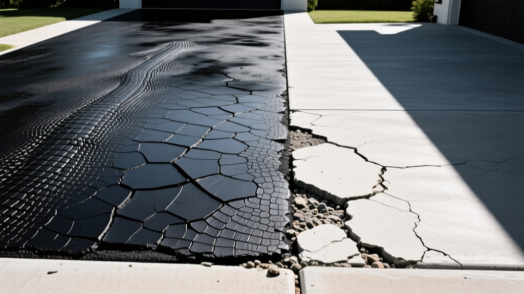 Split driveway showing weathered black top asphalt with alligator cracking beside a rigid concrete slab with spalled joints