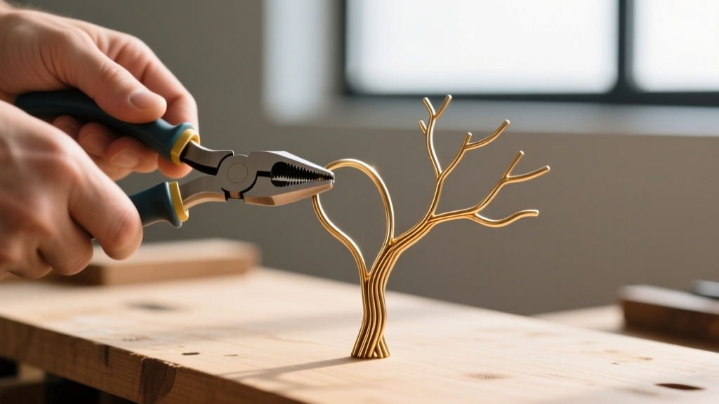 Hands using nylon jaw pliers to bend a half-hard 14-gauge brass wire into a precise angle for a tree branch on a wooden workbench.