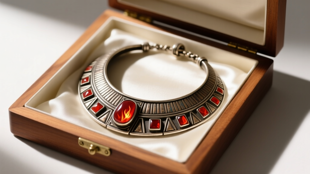 Wooden box with anti-tarnish lining holding an oxidized silver Egyptian collar necklace featuring vibrant carnelian stone inlays