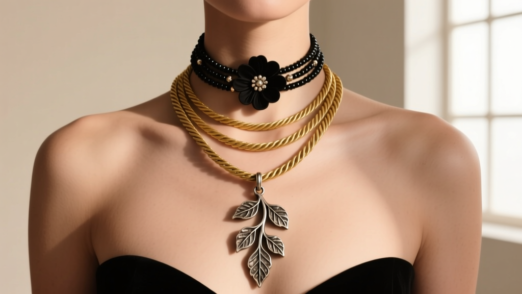 A model wearing a layered black floral necklace with a 16-inch gold cable chain and an 18-inch oxidized silver botanical pendant.