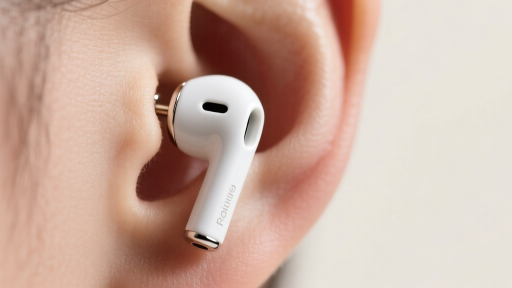 Macro shot of a white ceramic earbud earring stud mimicking wireless tech on a lobe against a soft minimalist studio backdrop