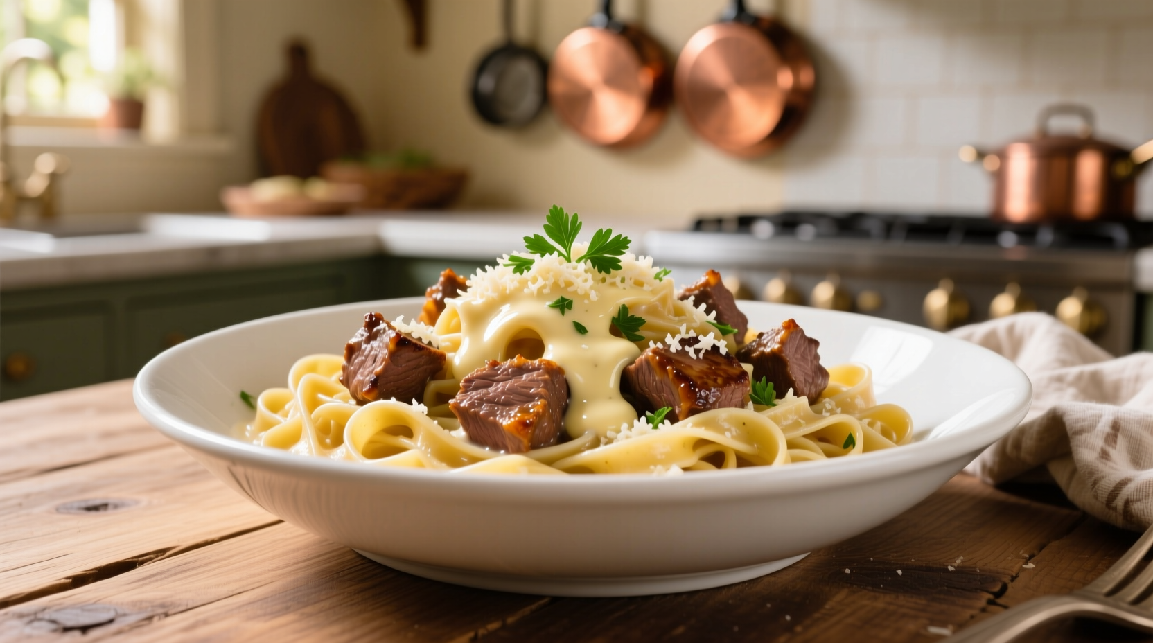 Creamy beef and garlic butter pasta in white bowl