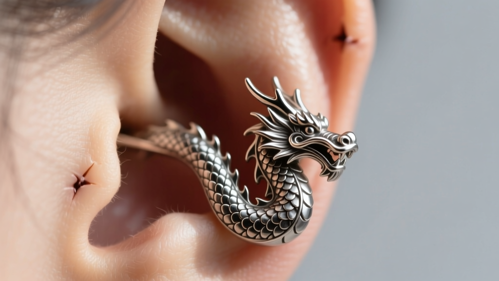 Close-up of a detailed titanium dragon earring secured on a healed earlobe, showcasing intricate scale textures under soft light.