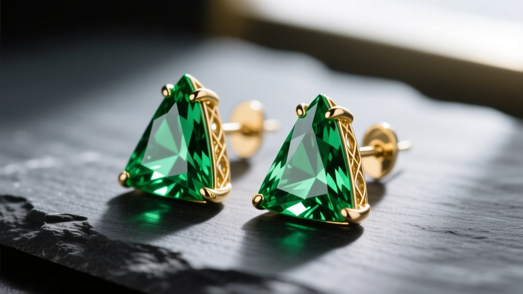 Macro shot of 14k gold trillion-cut peridot green triangle earrings on dark slate, highlighting sharp points and V-prong settings.
