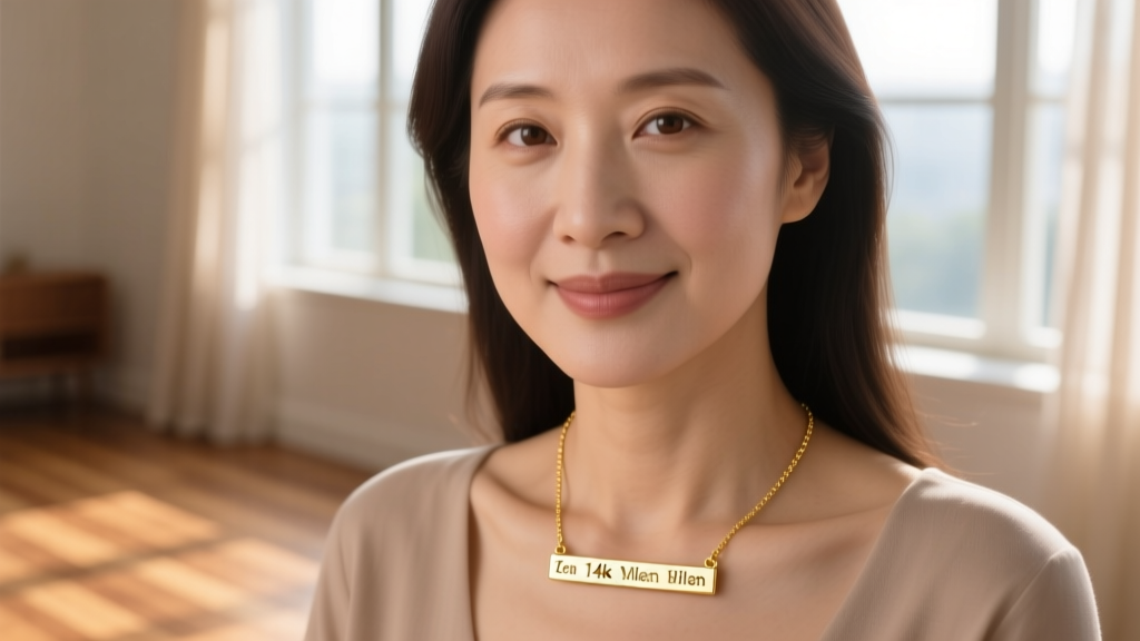 Close-up of a mother wearing a 14k gold necklace with kids names engraved on a horizontal bar pendant in soft window lighting.