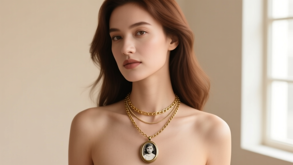 Woman wearing a layered necklace with a photo locket on a 16-inch cable chain and an 18-inch box chain in warm natural lighting.