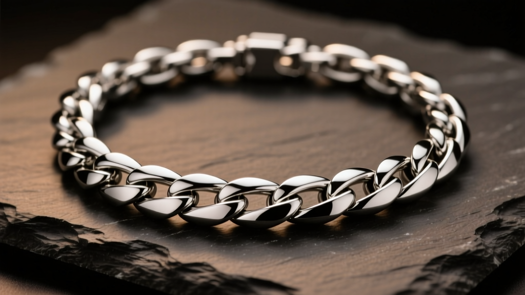 Close-up macro shot of a polished 316L stainless steel Cuban link necklace resting on dark slate, reflecting soft studio lighting.