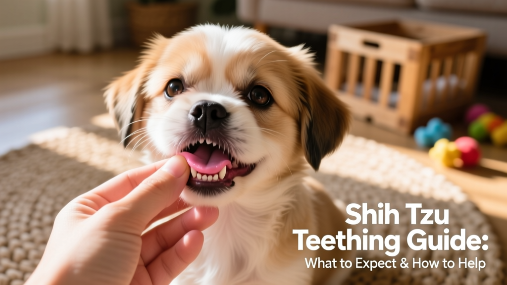 A hand gently lifting the lip of a calm Shih Tzu puppy to reveal healthy pink gums and emerging adult teeth