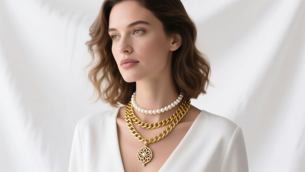 Woman wearing the Ashleigh necklace layered with a thick gold rolo chain and simple pearl choker against a crisp white linen top.
