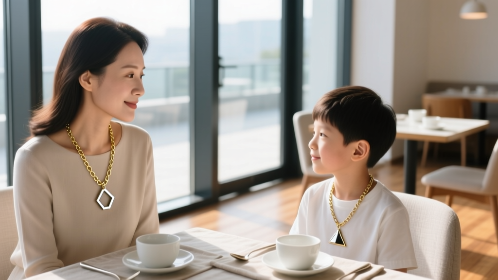 Mother and son wearing complementary minimalist gold and silver chain necklaces with subtle geometric pendants in a sunlit cafe