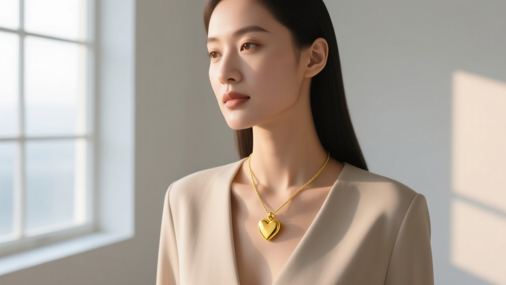 Woman wearing a delicate 14k yellow gold heart pendant on a thin cable chain, soft natural window lighting, minimalist aesthetic