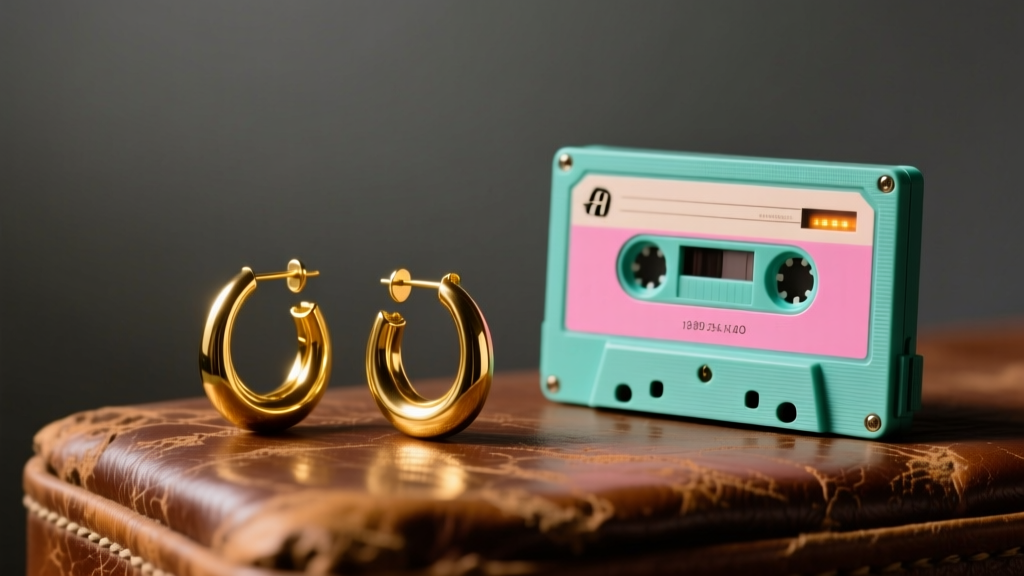 Vintage 1980s 14k gold hoop earrings on distressed leather next to a retro cassette player under warm, moody studio lighting.