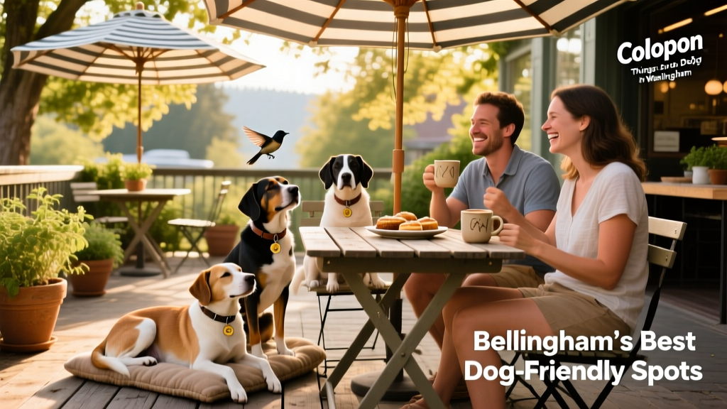 Colophon Cafe’s outdoor patio in Bellingham—dogs resting under umbrellas while owners sip coffee and share bites