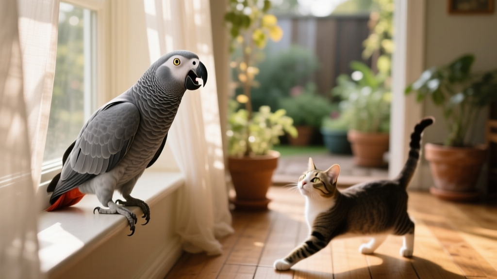 African Grey Parrot’s Cute Way of Calling the Cats Is So Endearing