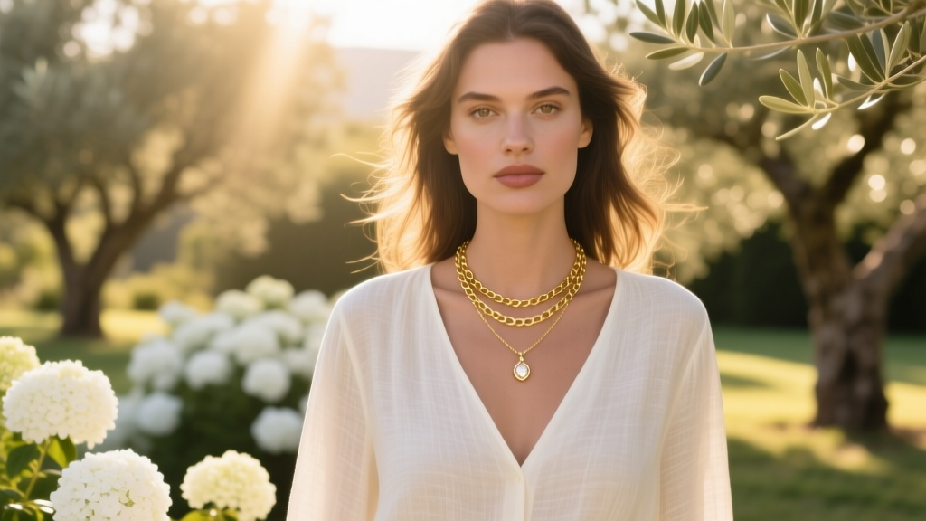 Model wearing the necklace layered with a gold chain, paired with a V-neck linen blouse in a bright, sunlit outdoor setting