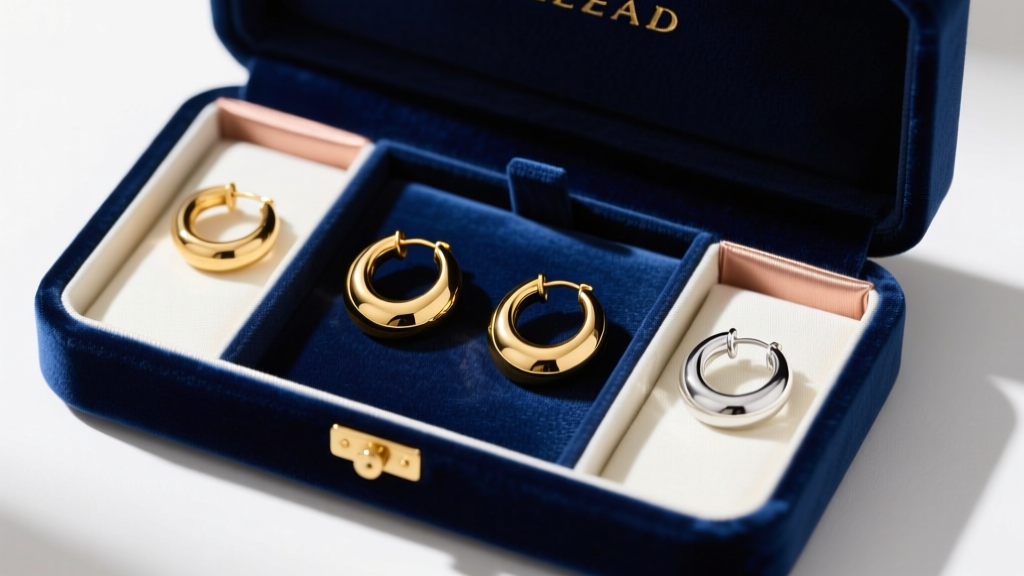 Top-down view of an anti-tarnish velvet jewelry box with gold and silver dome hoop earrings in individual fabric compartments.