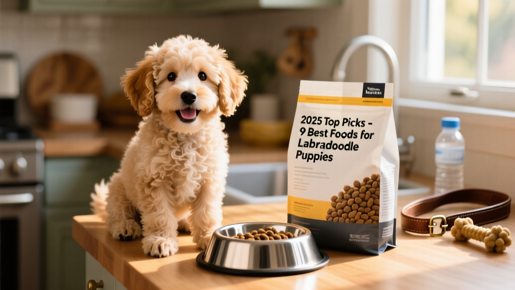 A happy, fluffy Labradoodle puppy sitting beside an open bag of kibble and a stainless-steel bowl