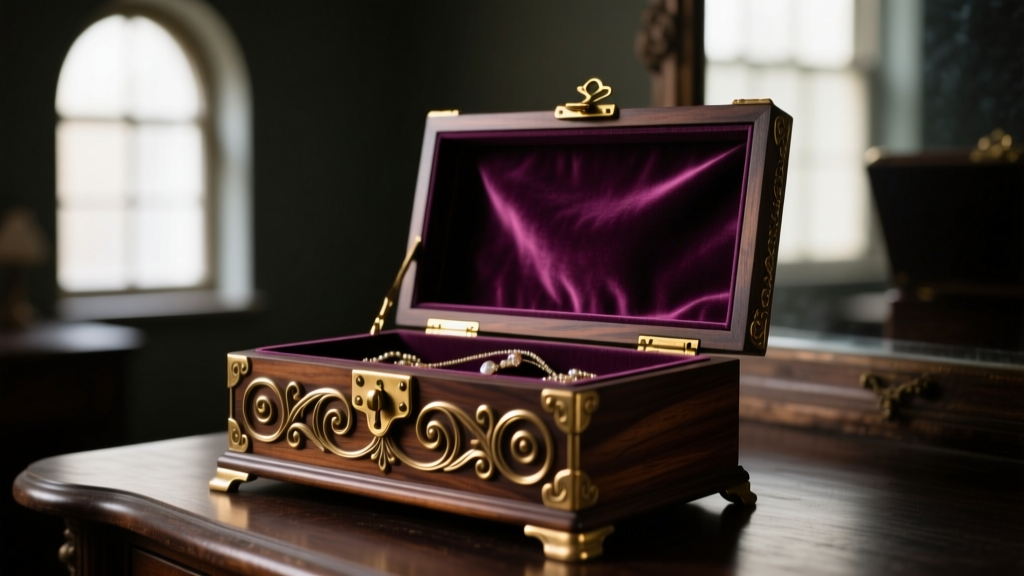 A moody, dimly lit vanity showcasing a dark walnut and brass jewelry box inspired by antique Victorian designs, velvet interior