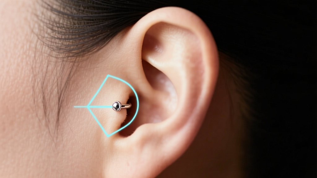 Side profile of an ear showing a helix piercing angle, overlaid with a subtle diagram line indicating proper pin alignment.