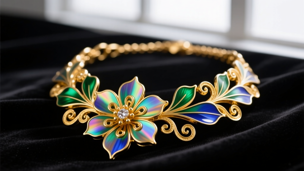 Macro shot of a gold-plated floral statement necklace with intricate guilloché enamel petals resting on dark velvet backdrop.