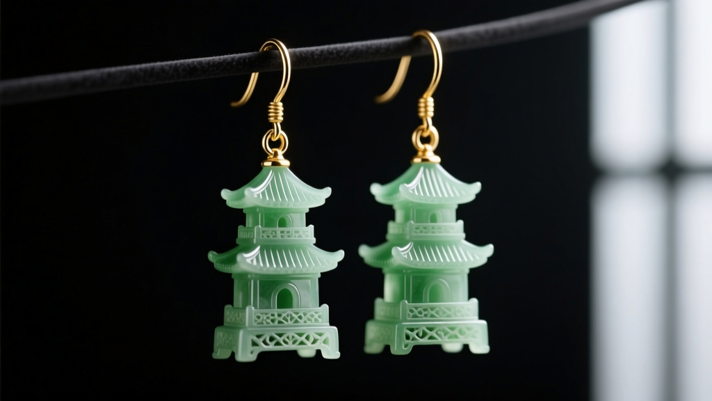 Macro shot of vintage carved jadeite pagoda drop earrings with tiered eaves, hanging from 18k gold hooks against dark velvet.