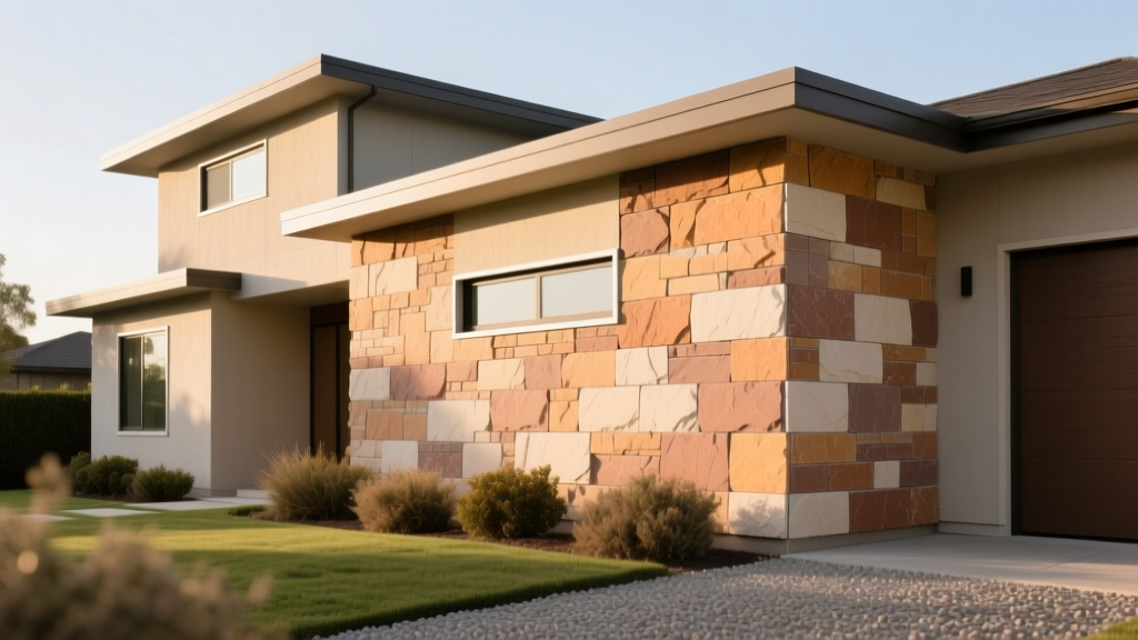 Modern home exterior featuring interlocking manufactured stone veneer panels in warm earth tones applied over a weather-resistant barrier