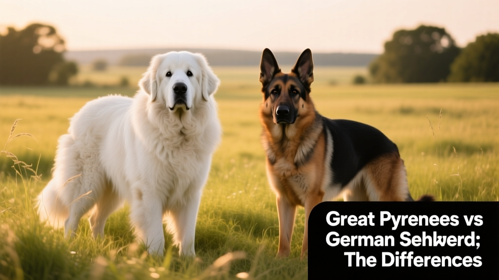 Side-by-side comparison of a Great Pyrenees and a German Shepherd standing calmly in a grassy field