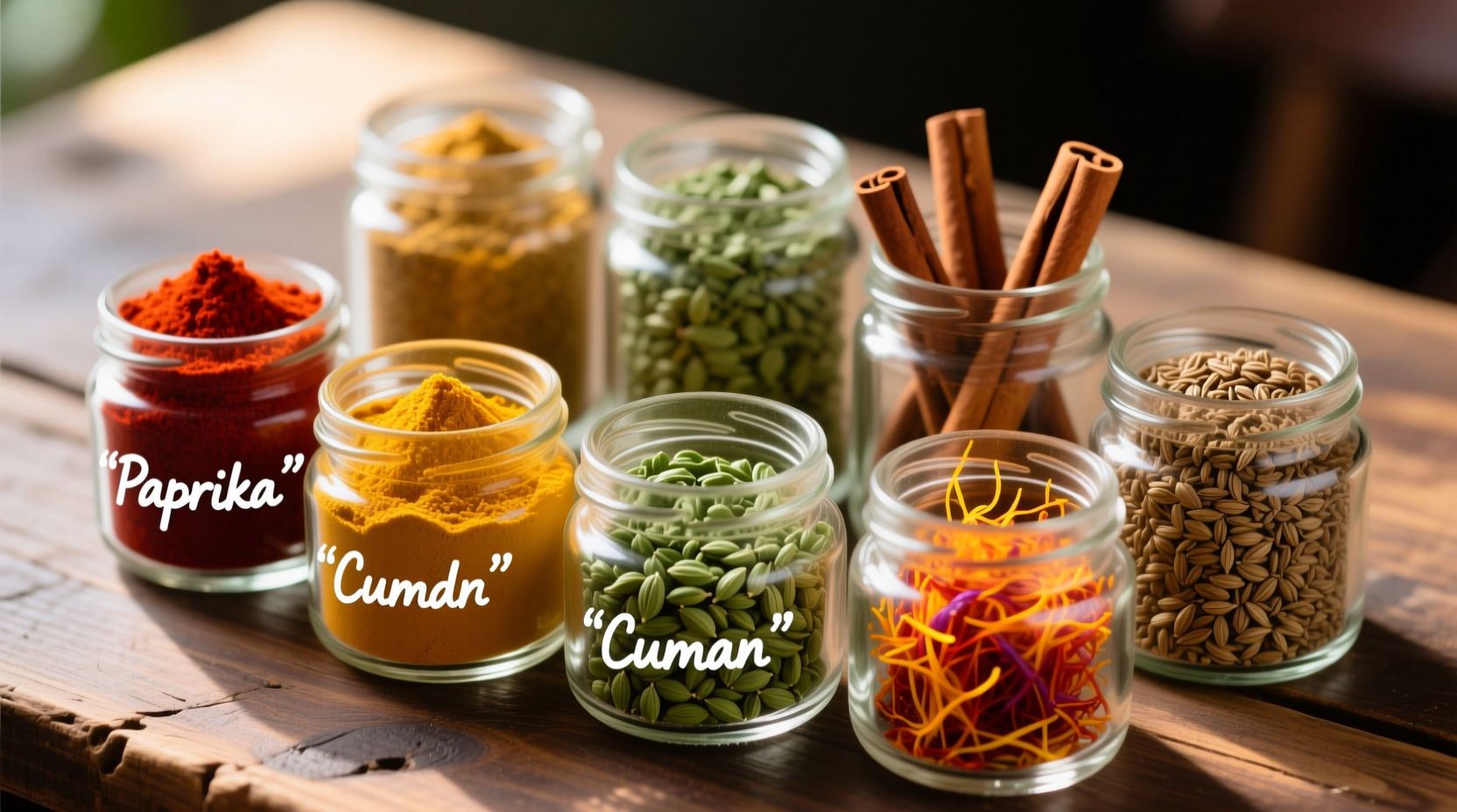 Colorful assortment of whole and ground spices in glass containers