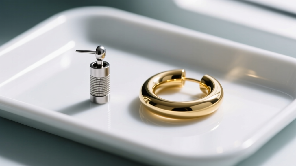 Macro shot of an ASTM F-136 titanium earring post next to a polished 14-karat solid gold huggie hoop on a sterile medical tray.