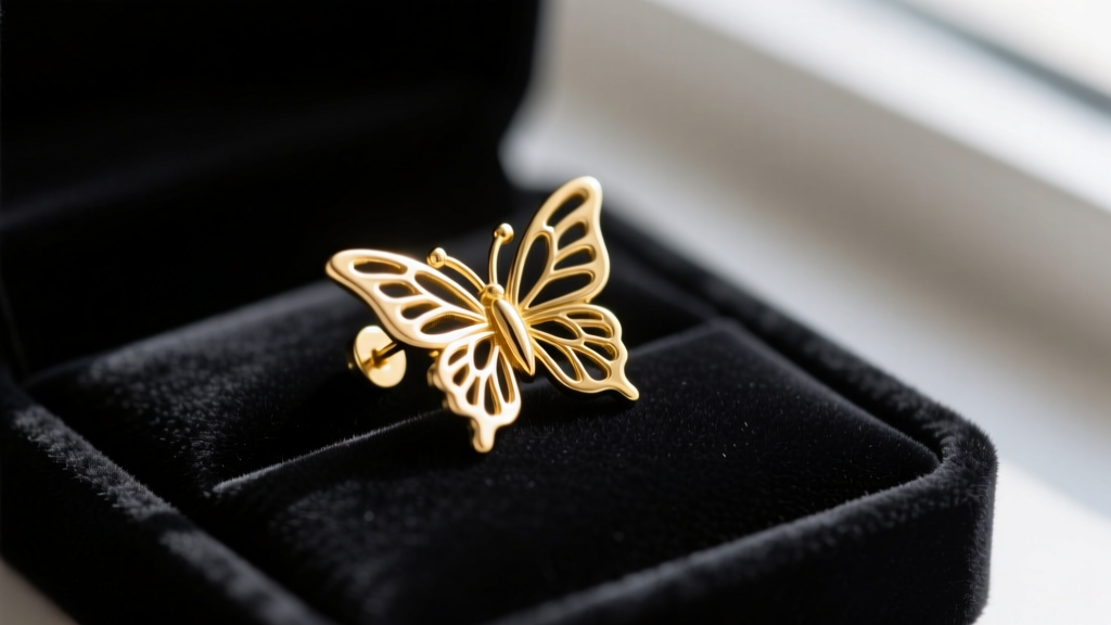 Macro shot of a 20-gauge gold-plated brass earring post and butterfly backing resting on a dark velvet jewelry display tray