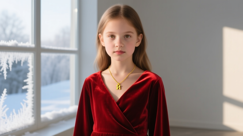 Young girl in red velvet dress wearing a delicate 14k yellow gold initial pendant necklace in soft natural winter light