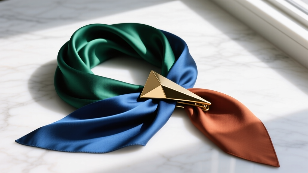 Flat lay of a twisted silk charmeuse scarf threaded through a brushed brass geometric scarf slide on a white marble surface