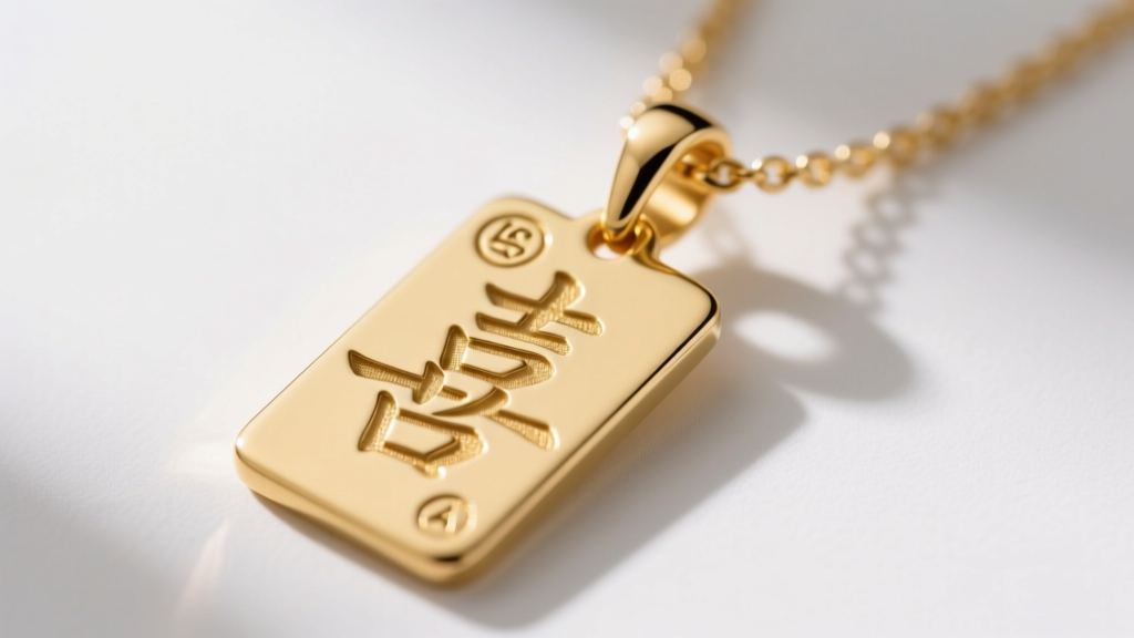 Macro shot of a gold vermeil Japanese Kanji nameplate necklace, showing precise laser engraving and a hallmark stamp on the bail.