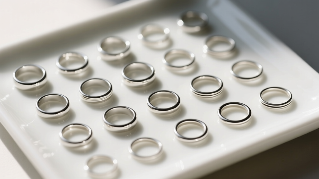 Top view of silver jump rings in 18, 20, and 22 gauge thicknesses arranged neatly on a white ceramic jewelry sizing tray.