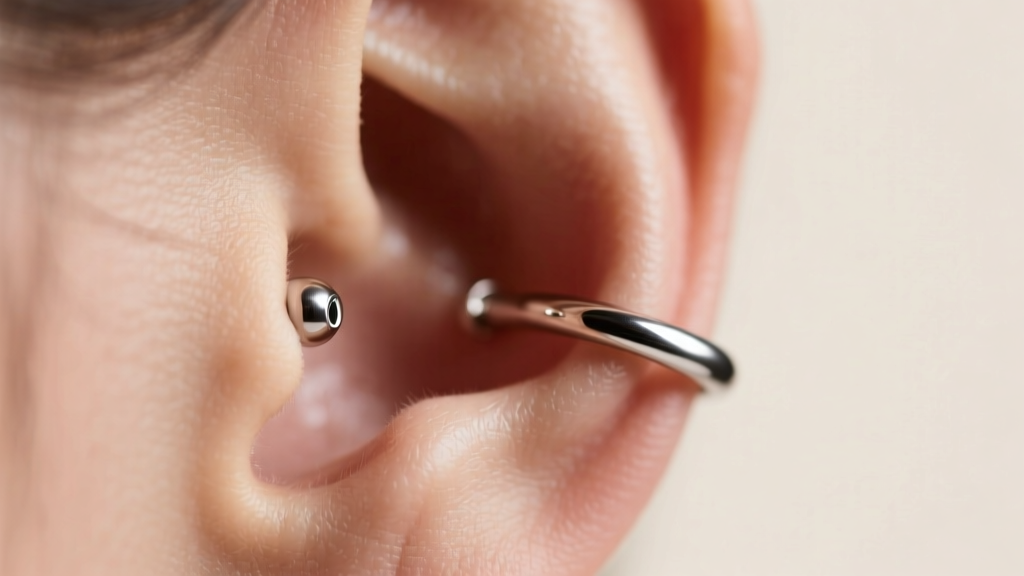 Close-up of a 16-gauge titanium daith clicker ring on ear cartilage, soft studio lighting, elegant wellness jewelry aesthetic.